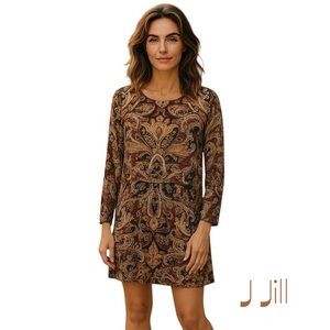 J Jill Paisley Black Brown Boho Forest Fairy Drop Waist Dress NWOT Size L